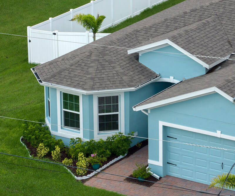 The front corner of a light blue house with a shingle roof features a new window replacement in the bay window, accompanied by a brick walkway, neatly trimmed lawn, and small garden with bushes and flowers. A white fence and tall palm tree complete the charming scene.