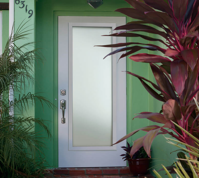 A modern, full-lite Blanca front door with a frosted glass panel is set against a bright green wall. Lush tropical plants with large leaves frame the entrance, and a small potted plant sits on the brick doorstep.