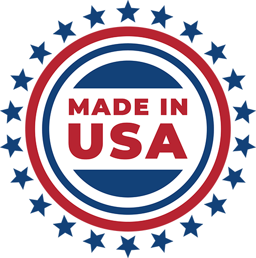 A round badge proudly features MADE IN USA in bold red letters at its center on a crisp white background, emphasizing its American made. Its encircled by a vivid red ring and accented with a ring of blue stars.