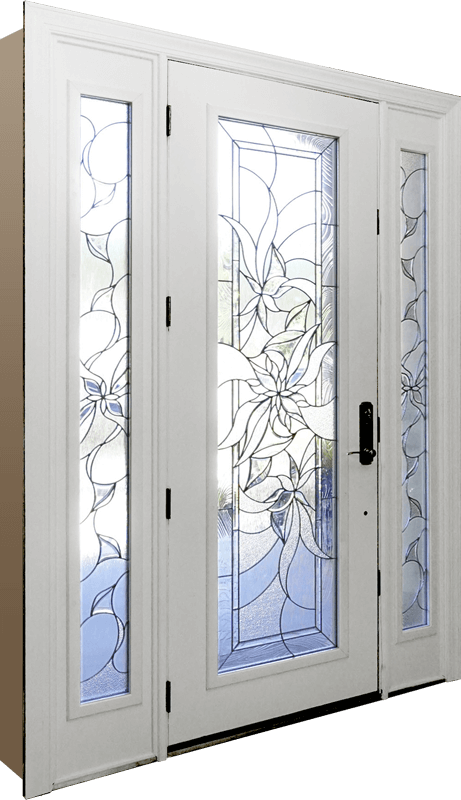 A white front entry door with sidelites, each showcasing decorative frosted glass adorned with artistic, swirling floral patterns. The black handle is elegantly positioned on the left.