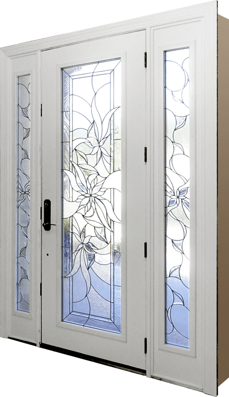 A white front entry door with sidelites, each showcasing decorative frosted glass adorned with artistic, swirling floral patterns. The black handle is elegantly positioned on the left.