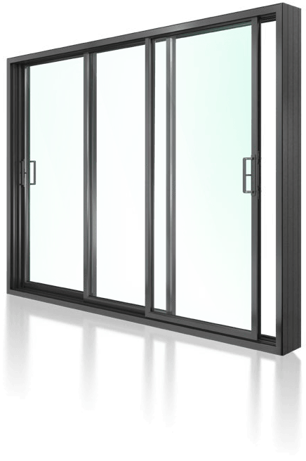 This sleek sliding glass door features four panels in a black frame, with fixed outer panels and movable inner ones equipped with handles. The subtly green-tinted glass casts a reflection below, adding elegance to any space.