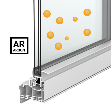 Illustration of a cross-section of a double-pane window with yellow dots representing inert gas fills, specifically argon, between the glass layers. A label on the side reads AR Argon, indicating the gas filling. The window frame is white.