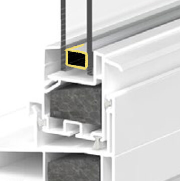 A cross-sectional diagram of a window frame reveals its internal structure, featuring multiple layers, seals, insulation, and a warm-edge spacer for windows. The image highlights the materials and construction, with a yellow outline accentuating a specific part.