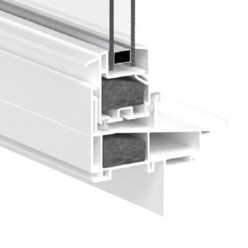 A cross-section of a white double-glazed window frame reveals its internal structure, showcasing multi chambers with glass panes and insulation. Crafted from white plastic and metal, its designed for enhanced energy efficiency and superior sound insulation.