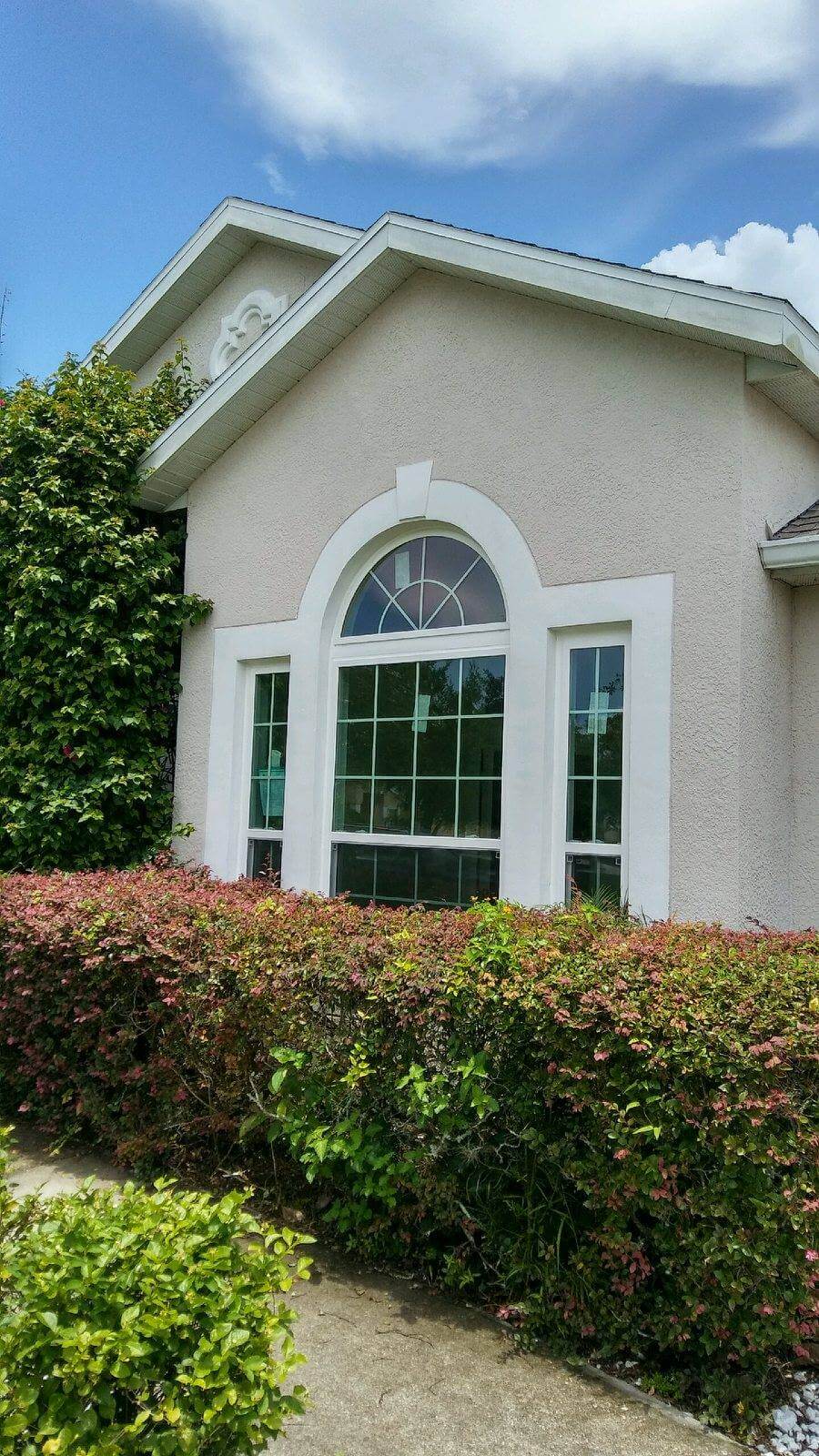 A beige house with a large arched window framed in white. Green ivy climbs the left side, and red-leafed shrubs grow in front. The house sits beneath a blue sky with scattered clouds.